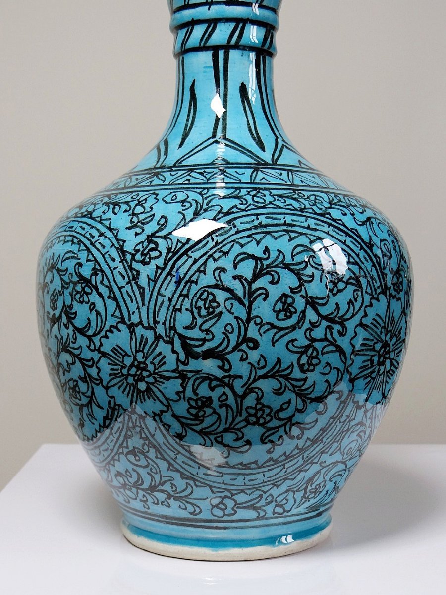 Vase couvert ou jarre Persane poterie glacée Iznik turquoise peinte vintage-photo-2