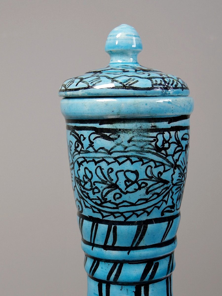 Vase couvert ou jarre Persane poterie glacée Iznik turquoise peinte vintage-photo-3