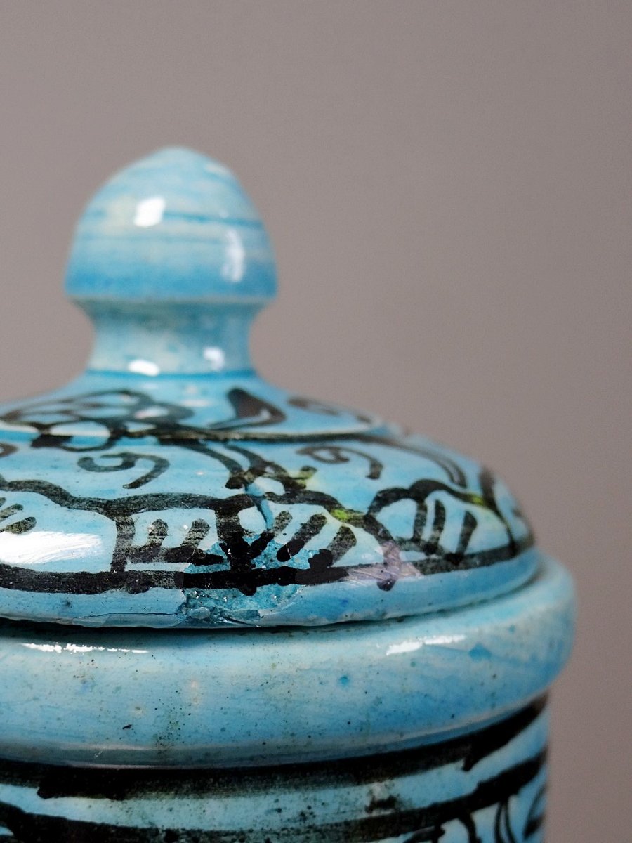 Vase couvert ou jarre Persane poterie glacée Iznik turquoise peinte vintage-photo-4