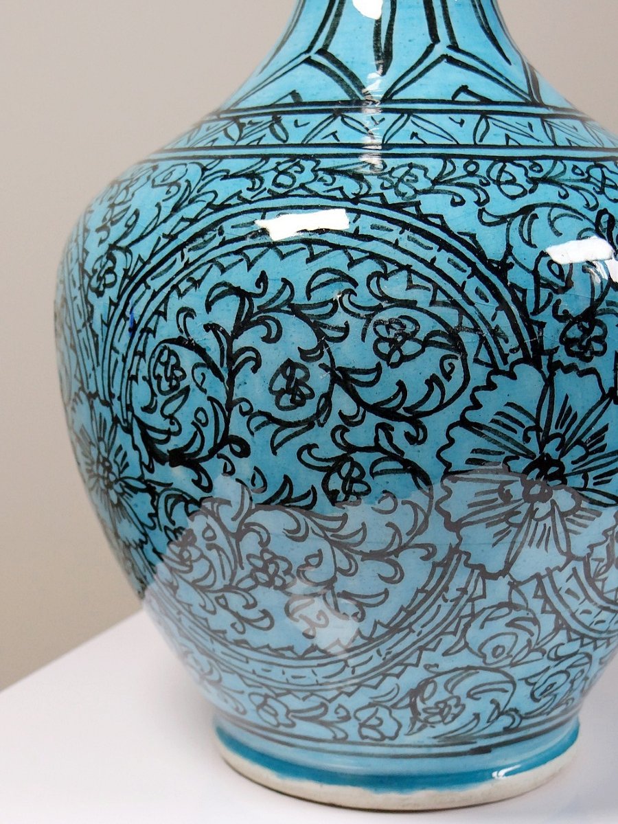Vase couvert ou jarre Persane poterie glacée Iznik turquoise peinte vintage-photo-5