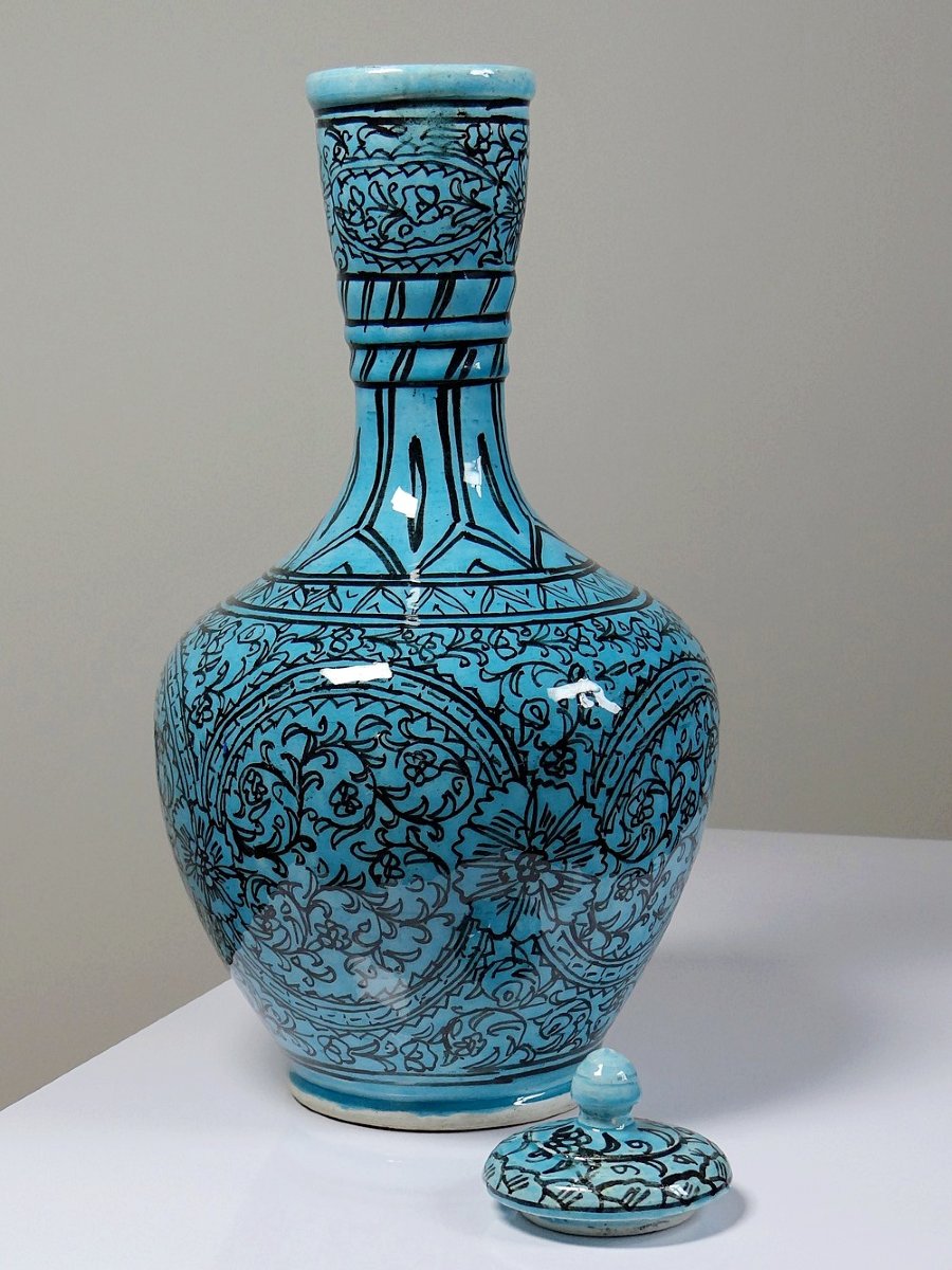 Vase couvert ou jarre Persane poterie glacée Iznik turquoise peinte vintage-photo-6
