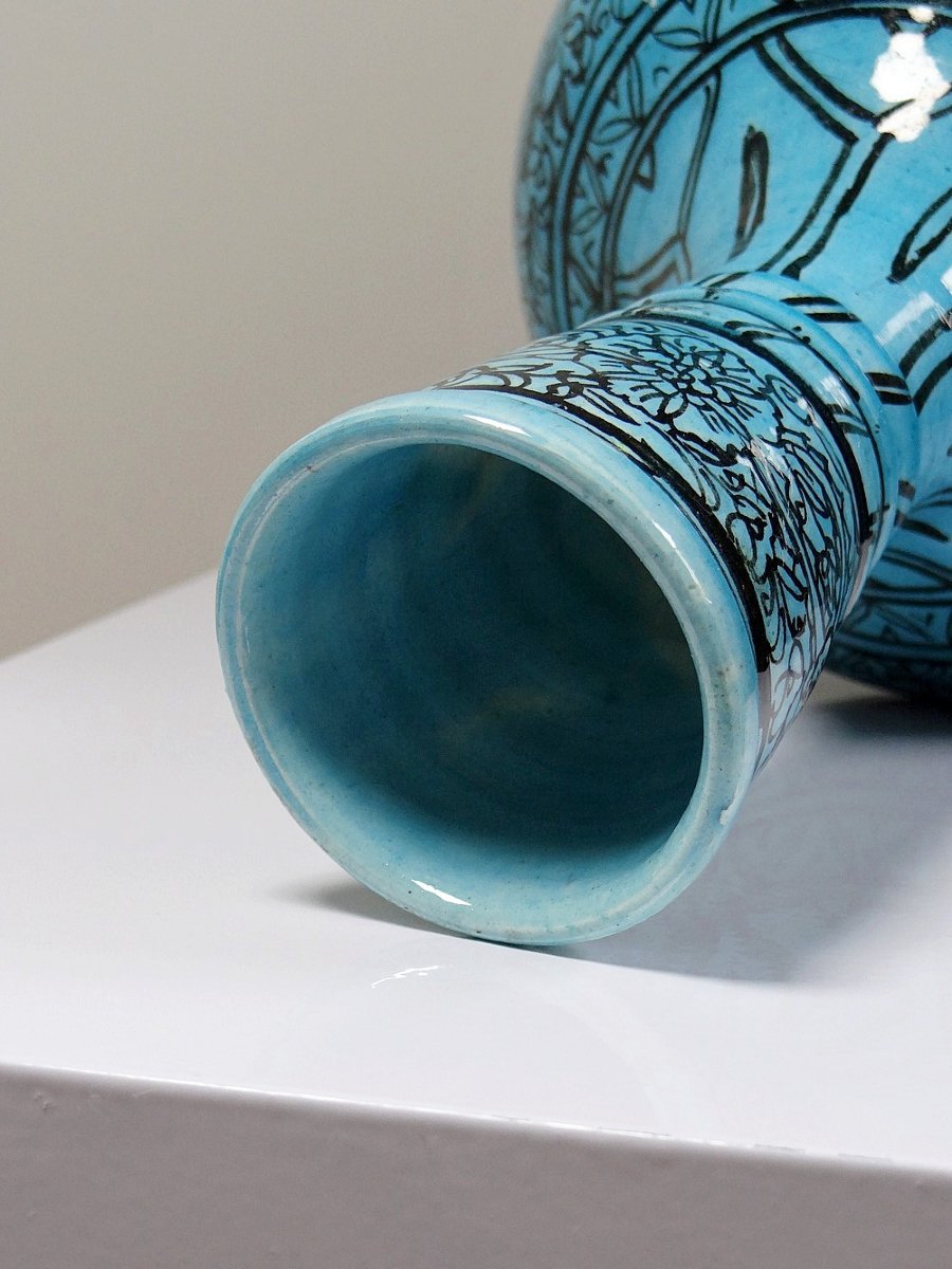 Vase couvert ou jarre Persane poterie glacée Iznik turquoise peinte vintage-photo-7