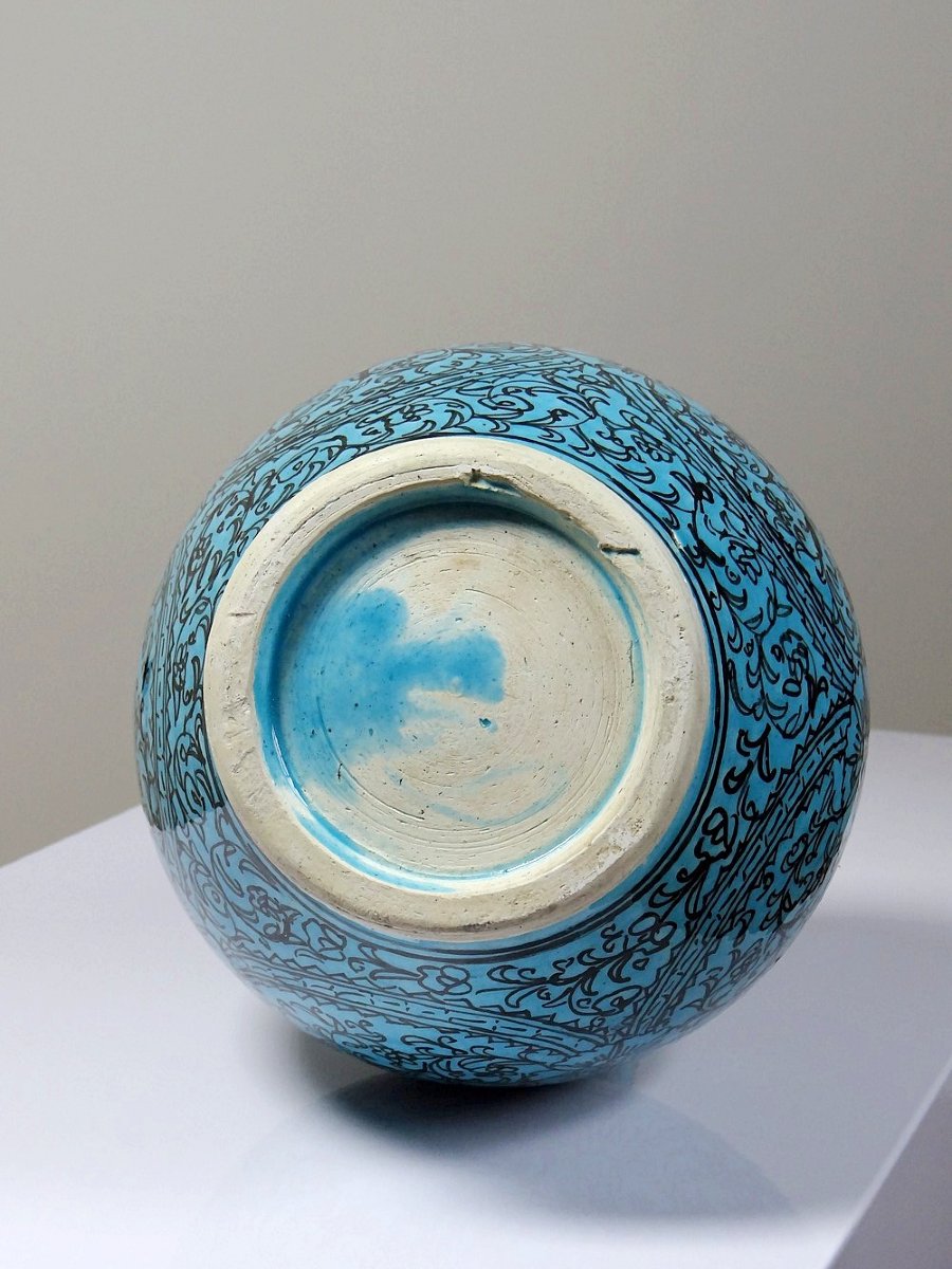 Vase couvert ou jarre Persane poterie glacée Iznik turquoise peinte vintage-photo-8