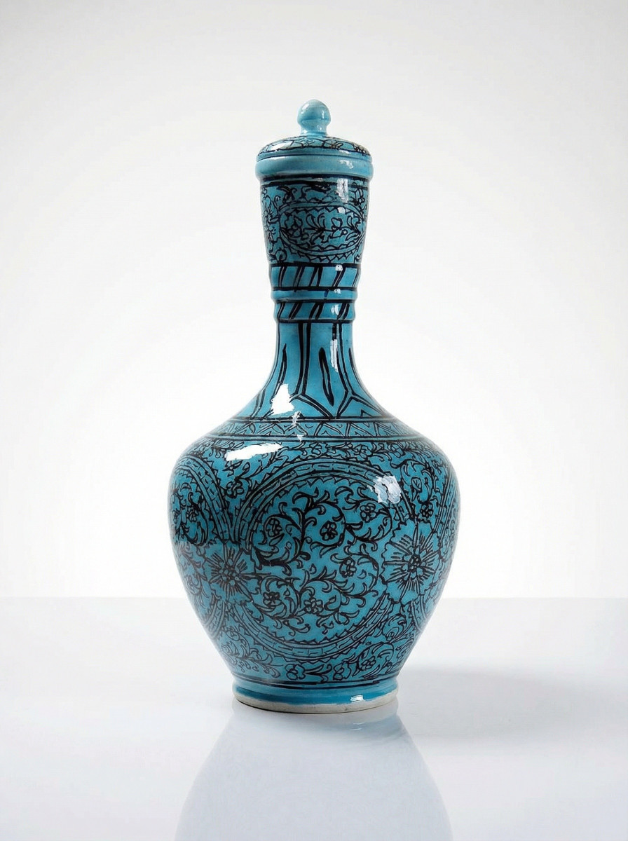 Vase couvert ou jarre Persane poterie glacée Iznik turquoise peinte vintage