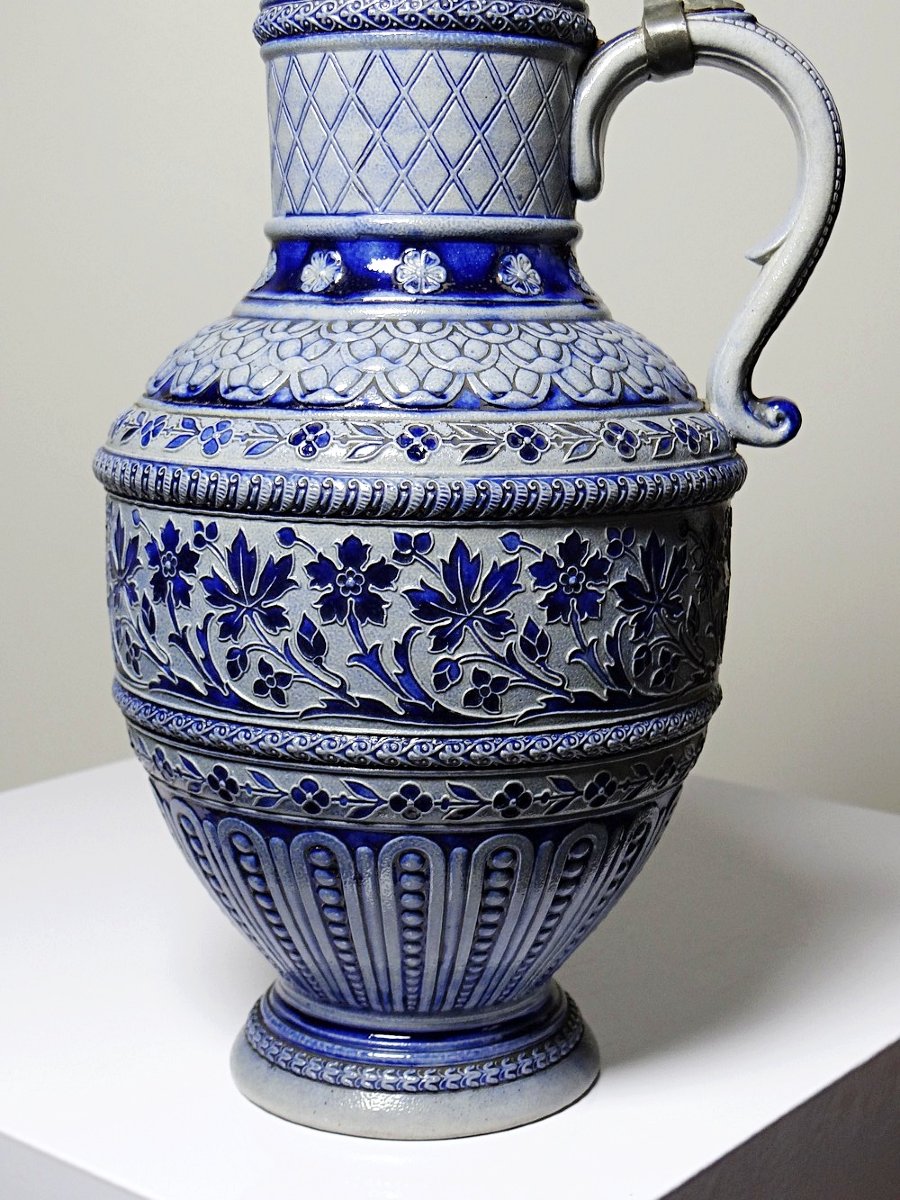 Grand pichet à bière en grès émaillé au sel et étain Allemagne type Westerwald-photo-1