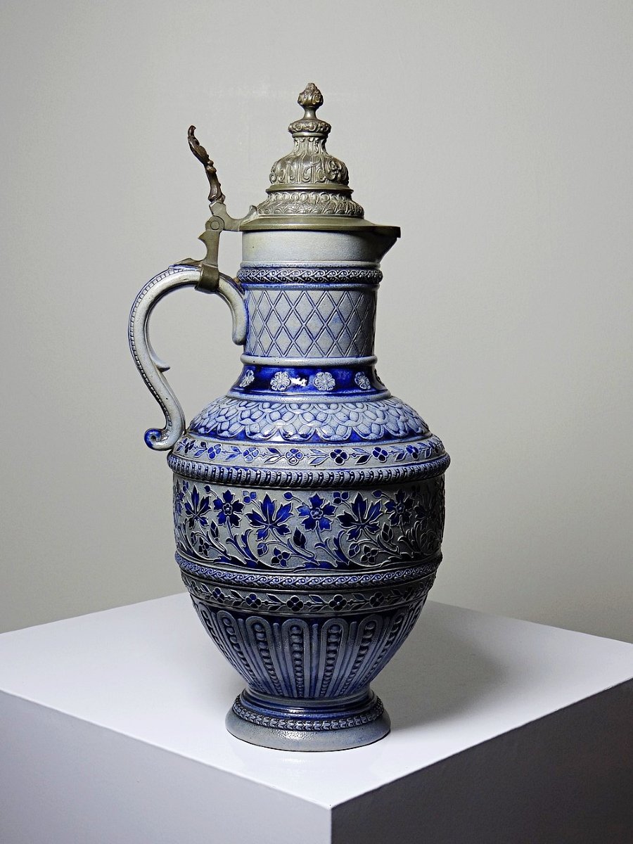 Grand pichet à bière en grès émaillé au sel et étain Allemagne type Westerwald-photo-3