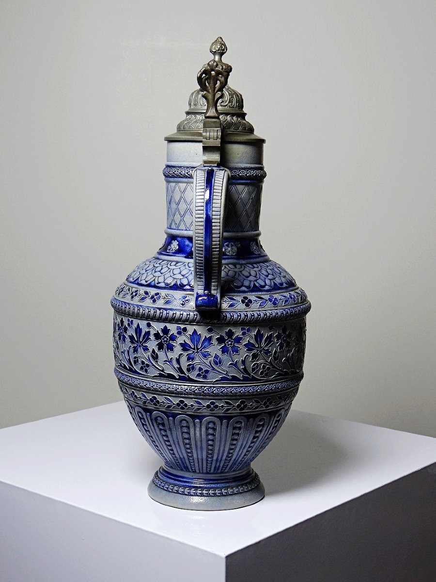 Grand pichet à bière en grès émaillé au sel et étain Allemagne type Westerwald-photo-4