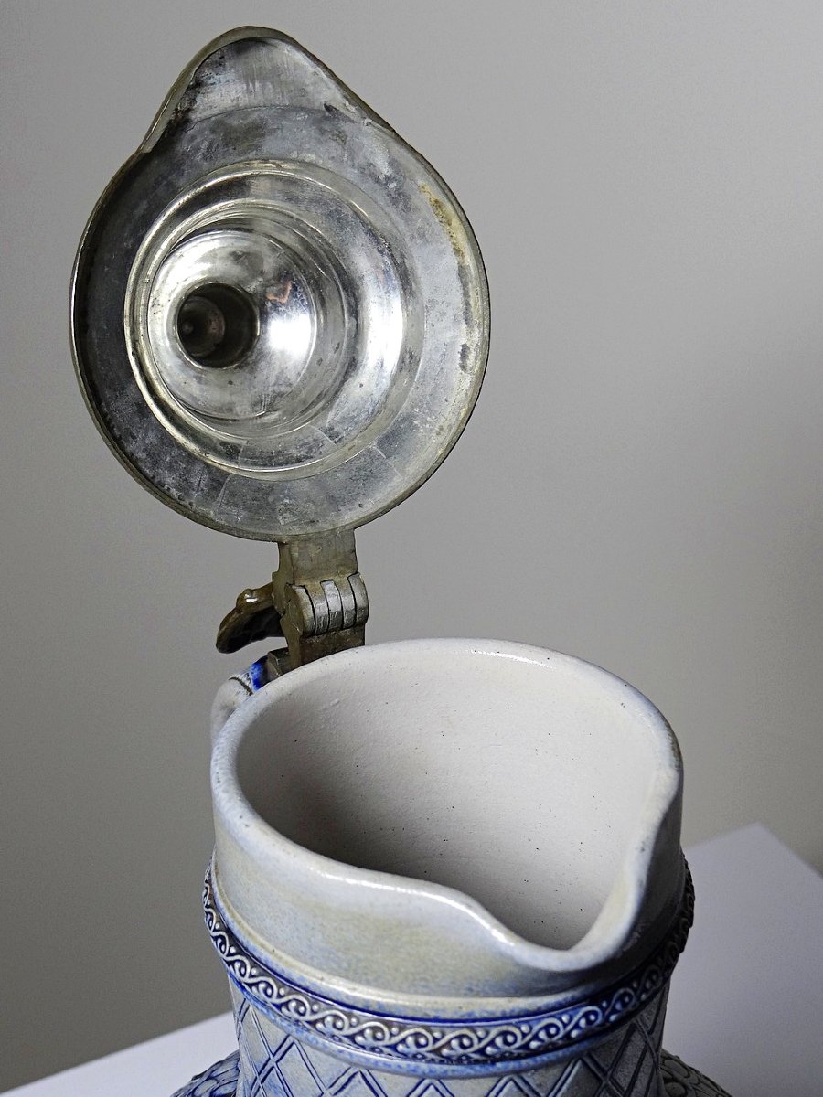 Grand pichet à bière en grès émaillé au sel et étain Allemagne type Westerwald-photo-6