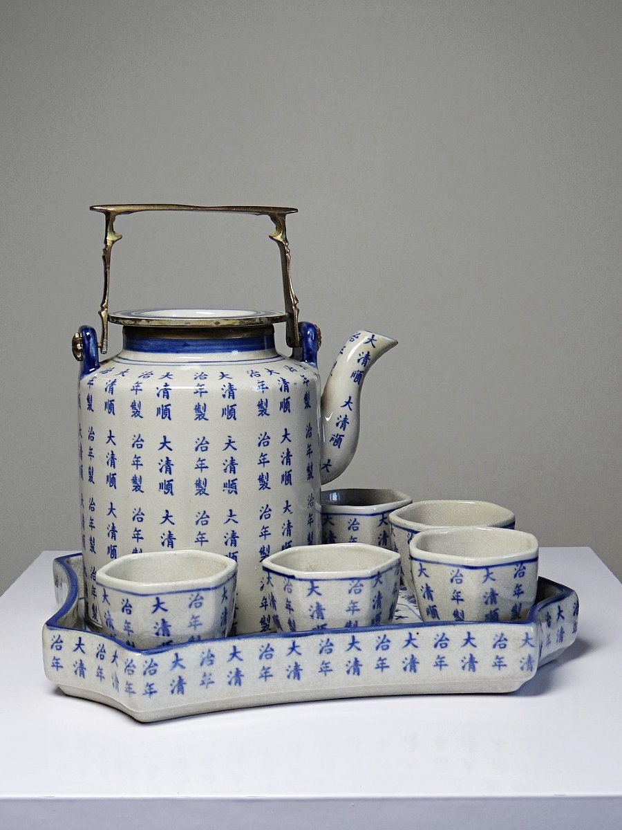 Service à thé chinois style Qing porcelaine caligraphie "Epitaph" XXe-photo-2