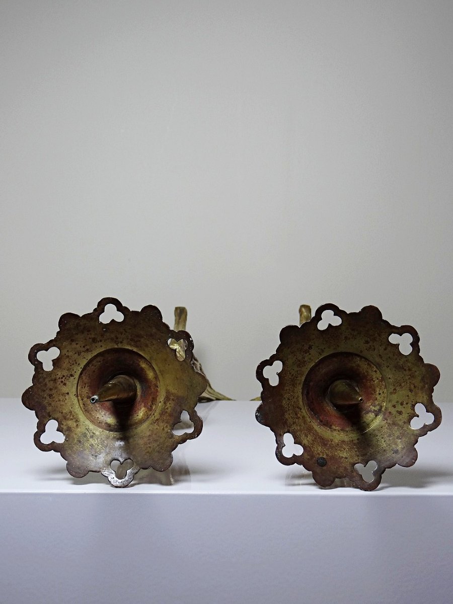 Paire de piques-cierges anciens en bronze doré, style gothique XIXe -photo-7