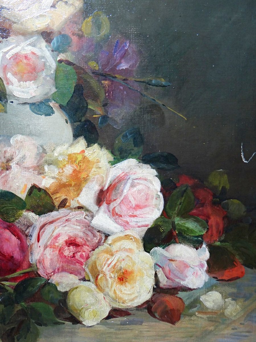 tableau ancien huile sur toile encadré, bouquet de roses, signé, vers 1890-1910-photo-1