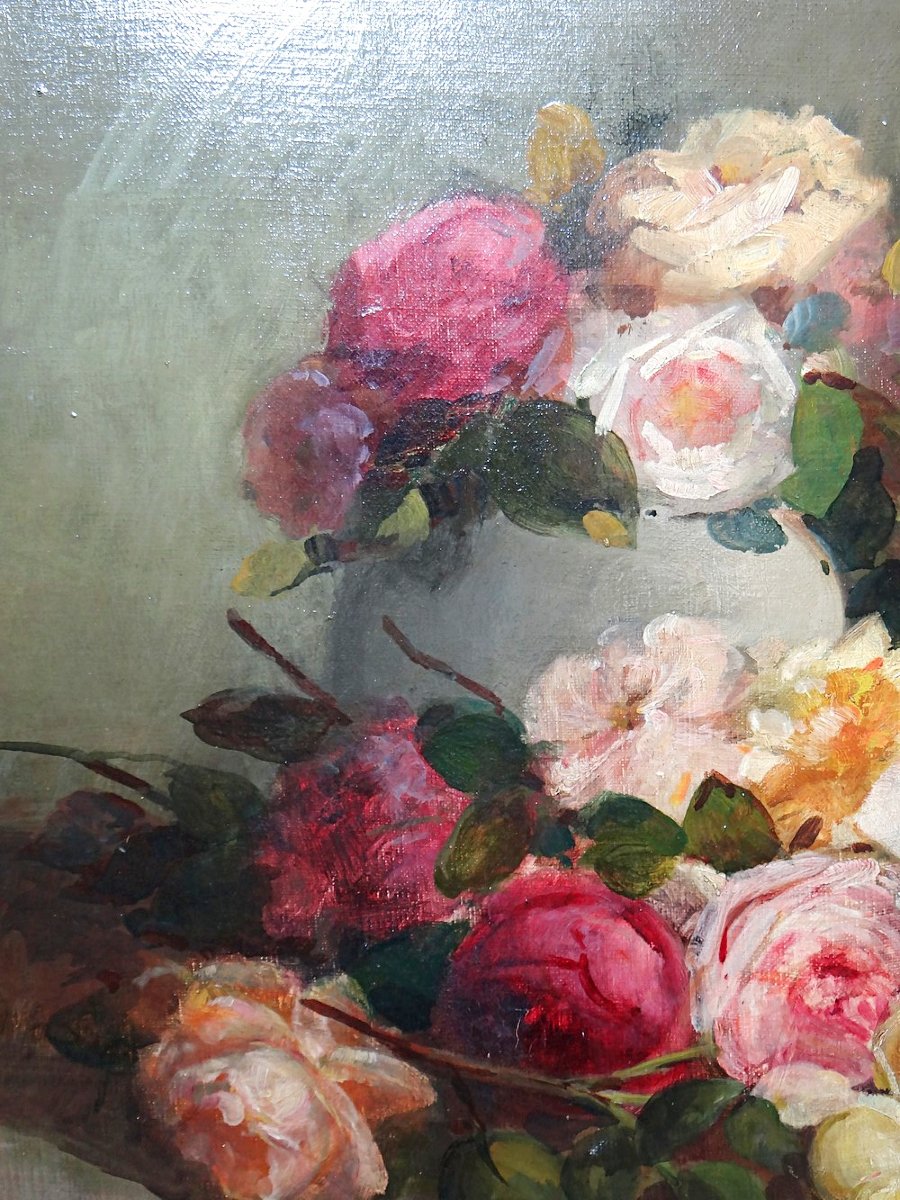 tableau ancien huile sur toile encadré, bouquet de roses, signé, vers 1890-1910-photo-2