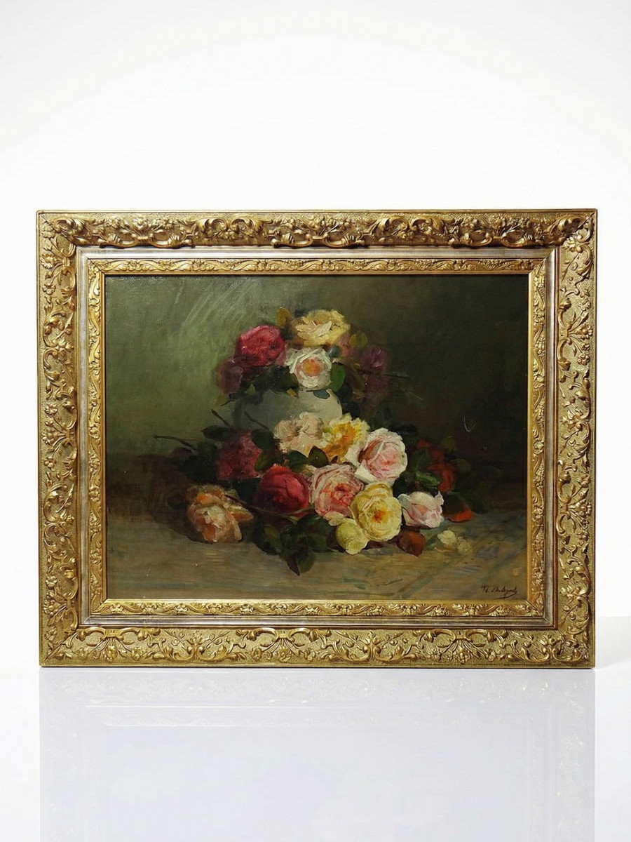 tableau ancien huile sur toile encadré, bouquet de roses, signé, vers 1890-1910