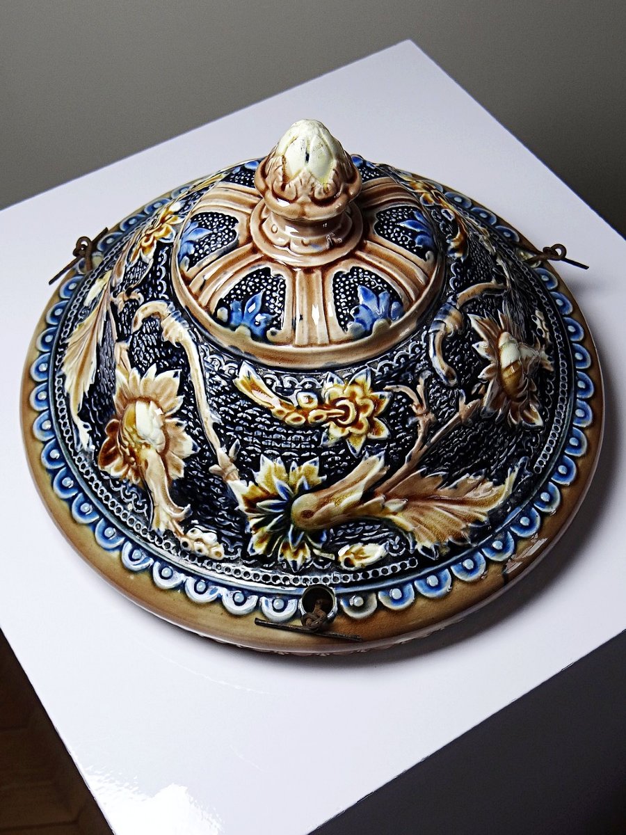 Suspension jardinière ancienne début XIX-XXe en barbotine Art Nouveau-photo-3