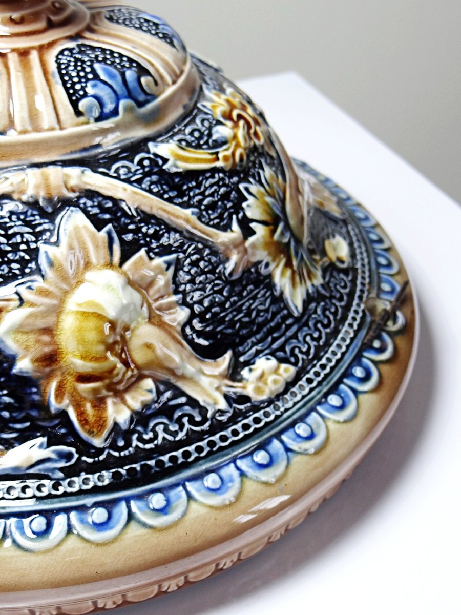 Suspension jardinière ancienne début XIX-XXe en barbotine Art Nouveau-photo-3