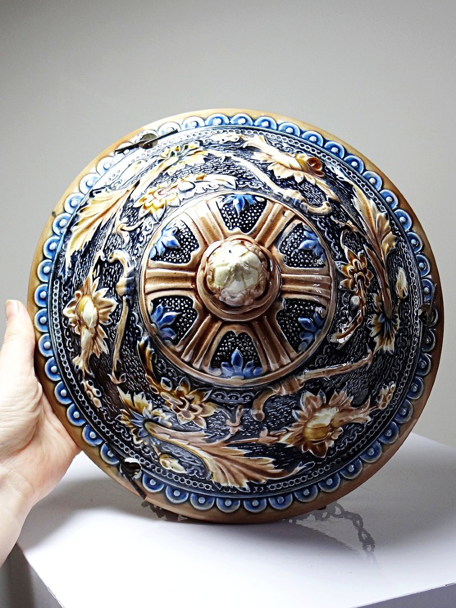 Suspension jardinière ancienne début XIX-XXe en barbotine Art Nouveau-photo-4