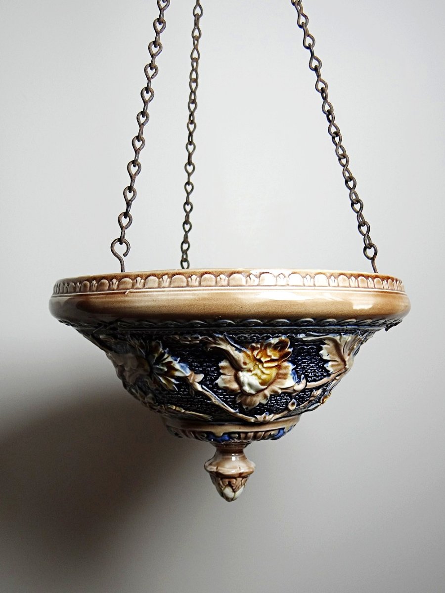 Suspension jardinière ancienne début XIX-XXe en barbotine Art Nouveau-photo-7