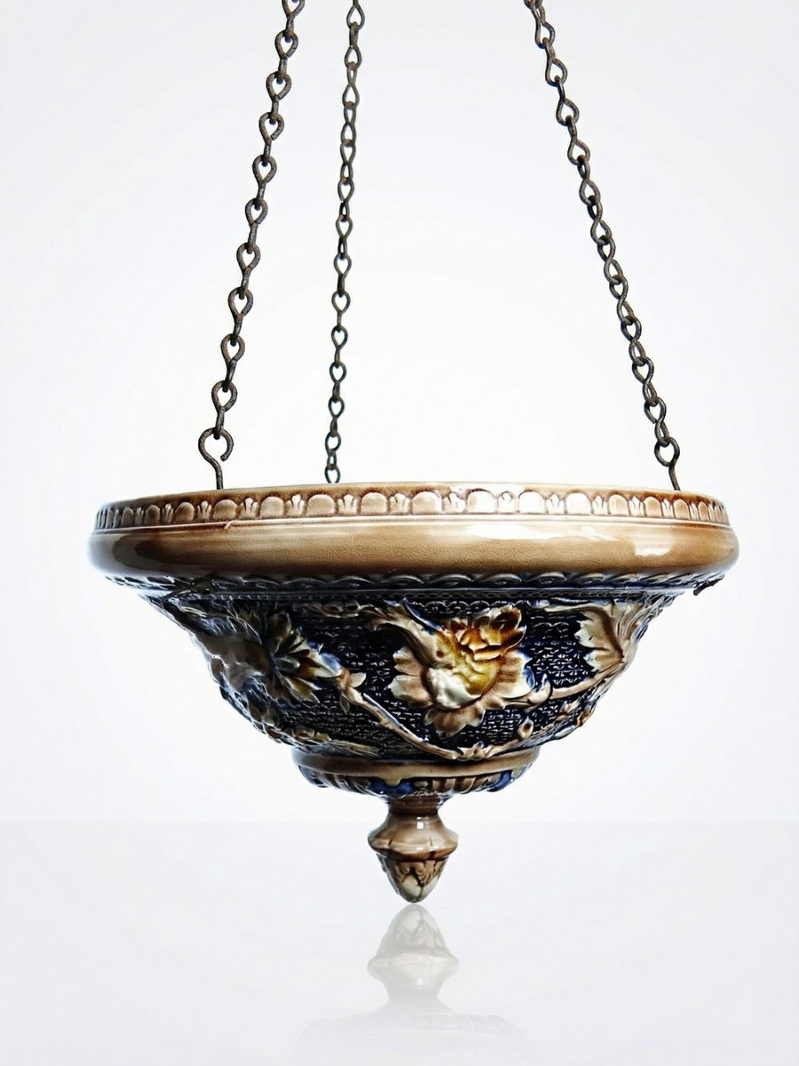Suspension jardinière ancienne début XIX-XXe en barbotine Art Nouveau