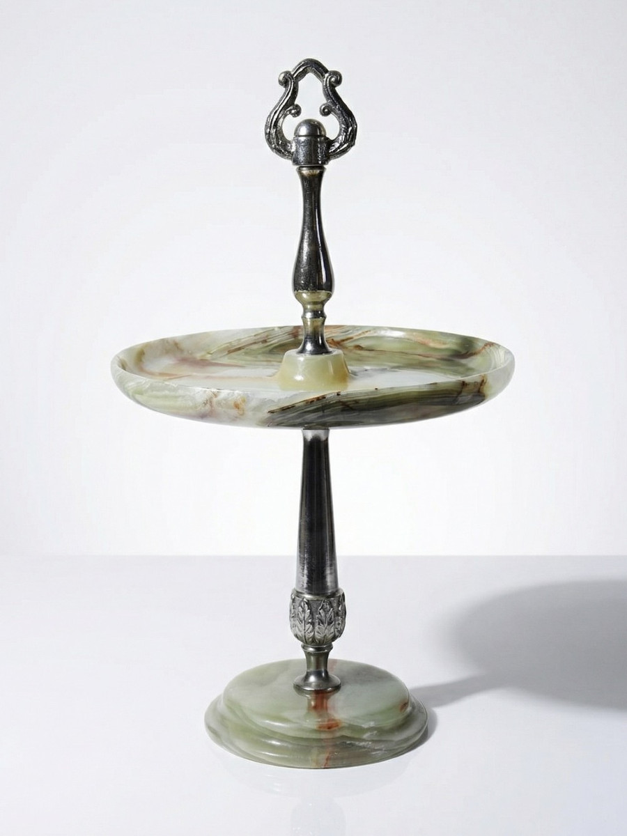 Green Onyx And Silver-plated Metal Display Stand, Italy, Vintage Years 1935-1955