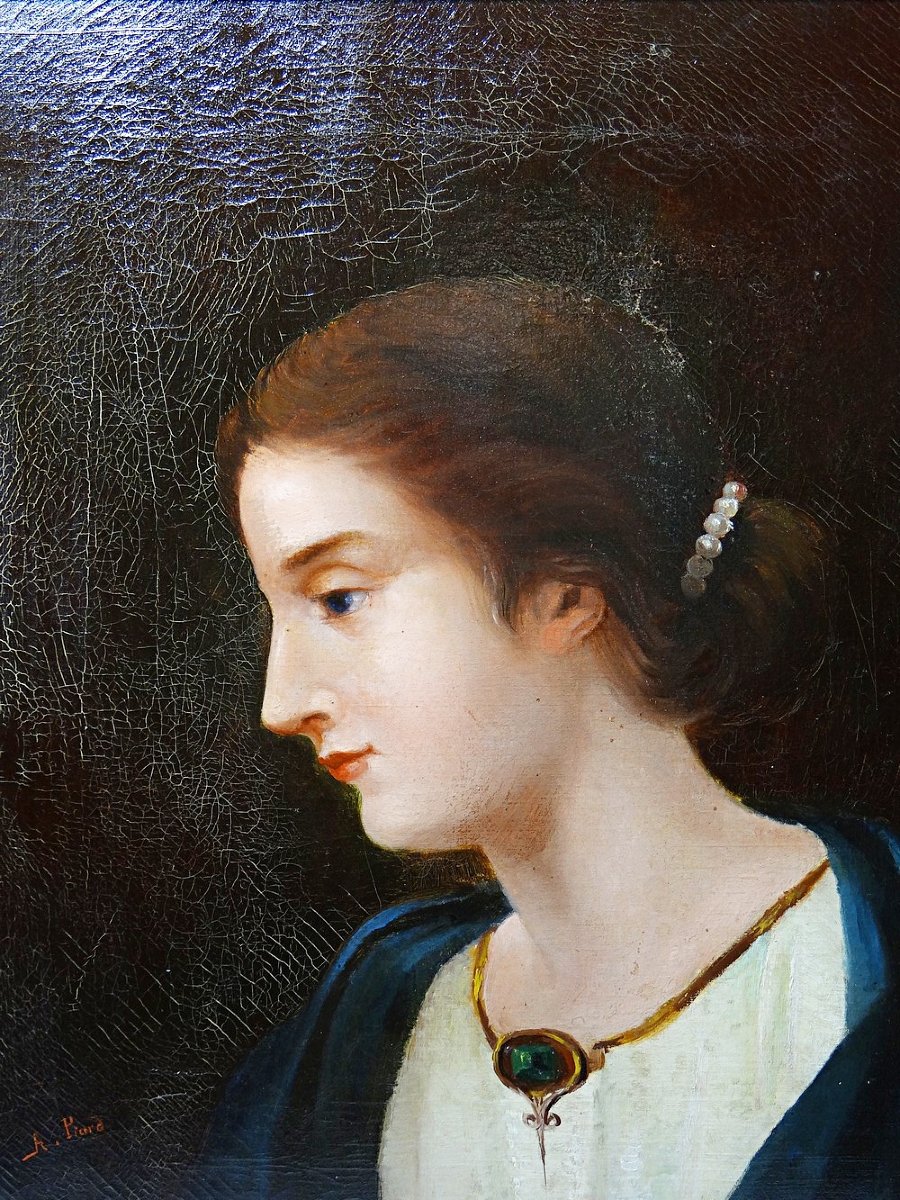 Portrait de jeune femme de profil, huile sur toile A.Piard XIXe-photo-2