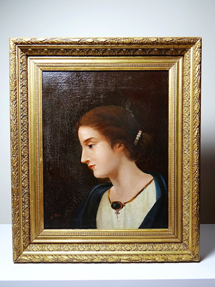 Portrait de jeune femme de profil, huile sur toile A.Piard XIXe-photo-3