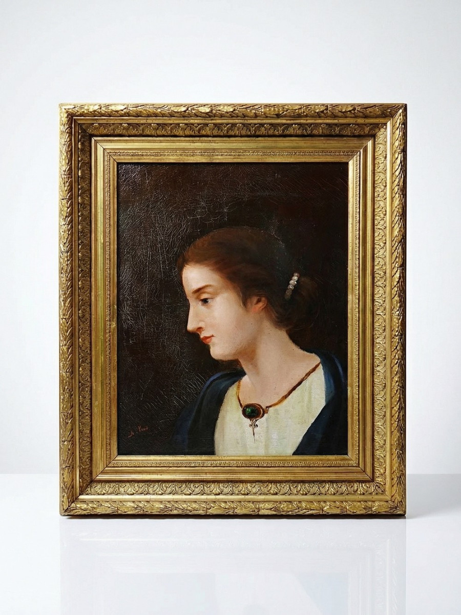 Portrait de jeune femme de profil, huile sur toile A.Piard XIXe