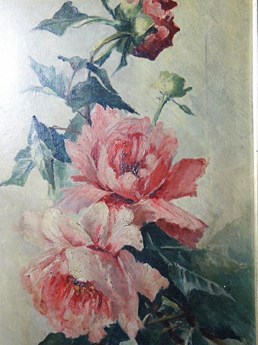 Grand tableau ancien aux pivoines, signé E. Jacque, fin XIXe début XXe-photo-3