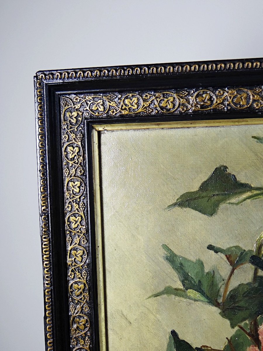 Grand tableau ancien aux pivoines, signé E. Jacque, fin XIXe début XXe-photo-1