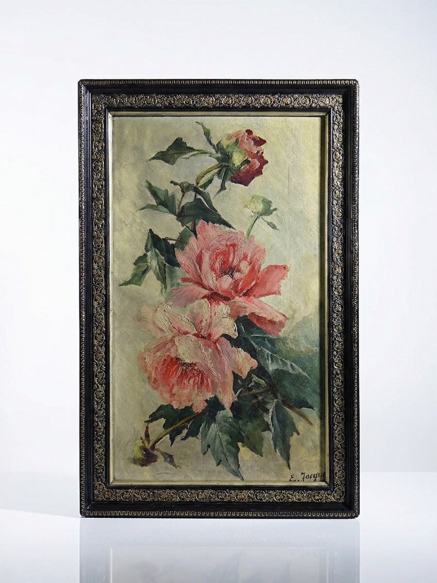 Grand tableau ancien aux pivoines, signé E. Jacque, fin XIXe début XXe