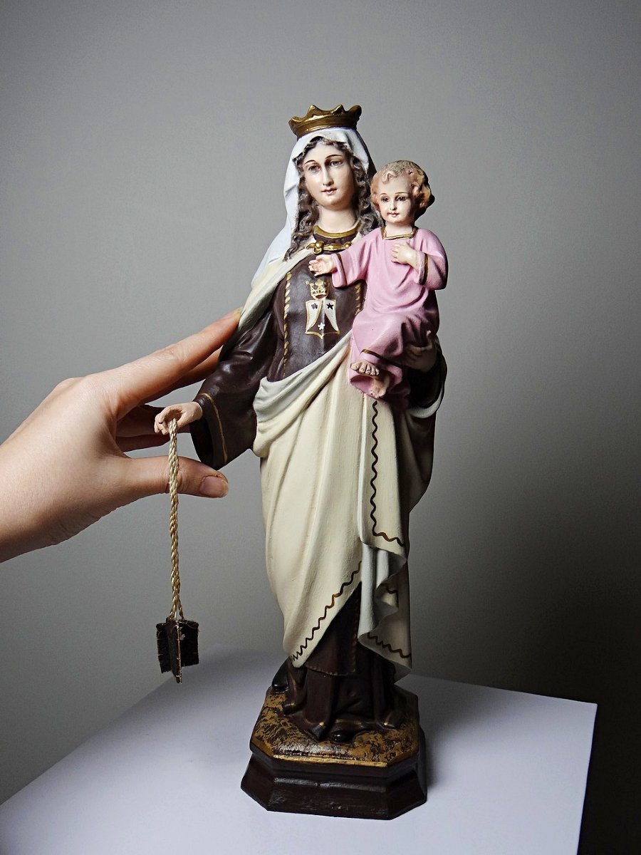 Statuette stuc ND du Mont Carmel, ateliers Olot, yeux en verre, 1920-1930 -photo-4