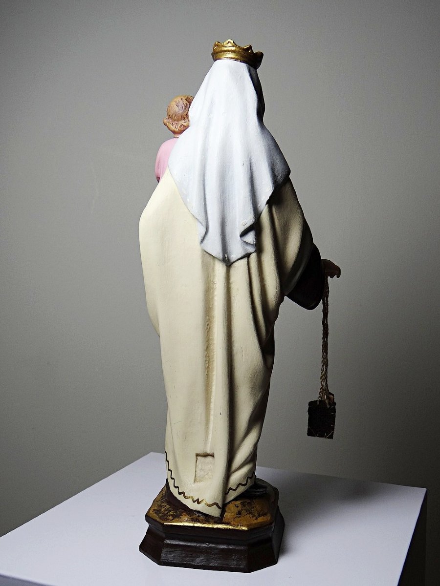 Statuette stuc ND du Mont Carmel, ateliers Olot, yeux en verre, 1920-1930 -photo-4