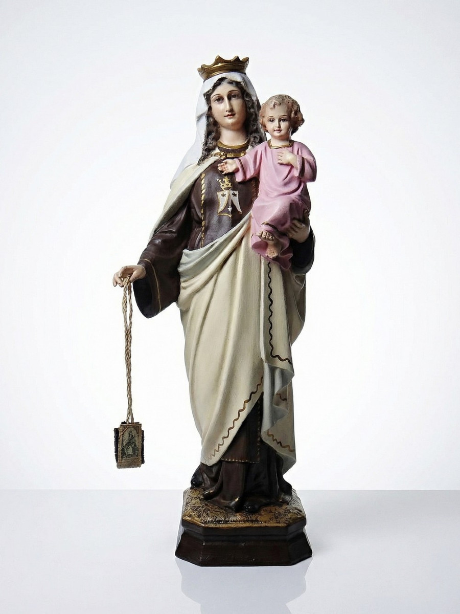 Statuette stuc ND du Mont Carmel, ateliers Olot, yeux en verre, 1920-1930 