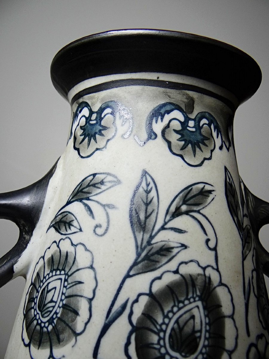 Antique Art Deco 1920-40 Stoneware Vase, Art Nouveau & Chinoiserie Style-photo-7