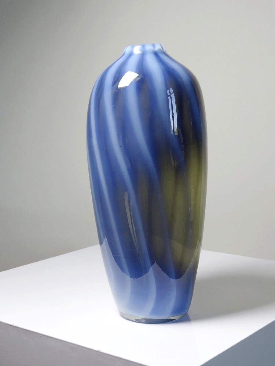 Duo de vases vintages verre fumé doublé d'opaline bulle de savon Murano XXe-photo-1
