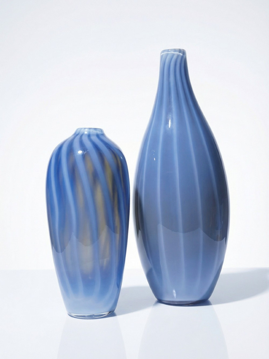 Duo de vases vintages verre fumé doublé d'opaline bulle de savon Murano XXe