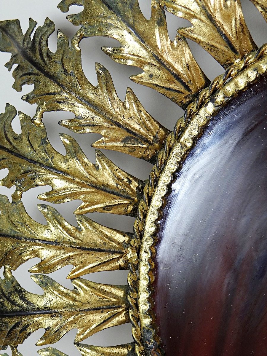 Grand miroir soleil mural Italien en métal doré, années 60-70-photo-1
