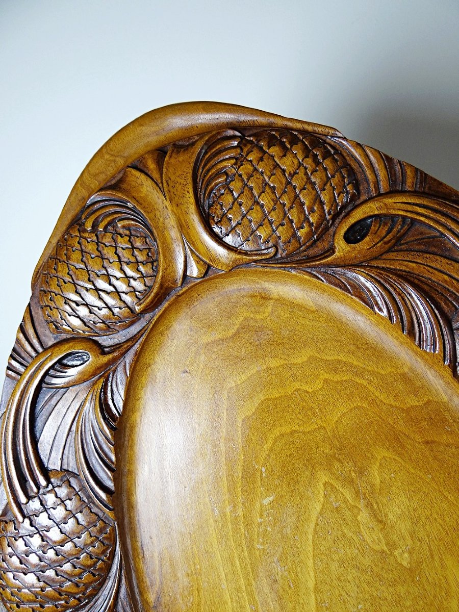 Plateau bois sculpté décor de pommes de pin style art nouveau XXe-photo-3