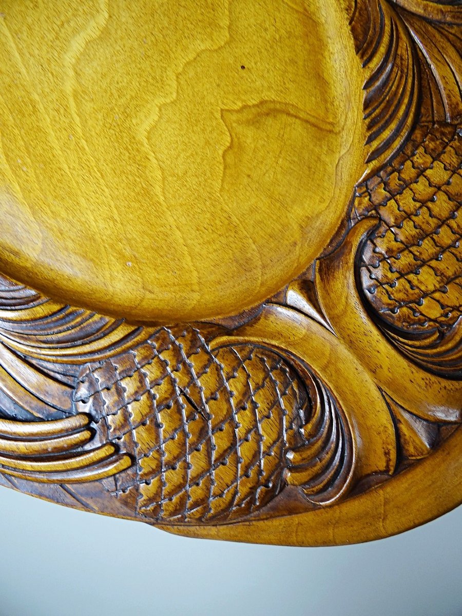 Plateau bois sculpté décor de pommes de pin style art nouveau XXe-photo-2