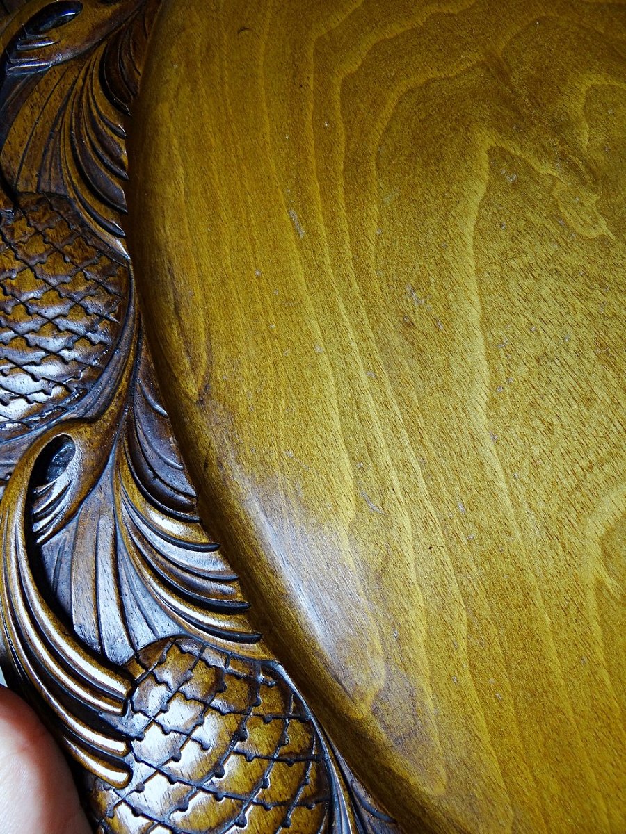 Plateau bois sculpté décor de pommes de pin style art nouveau XXe-photo-4