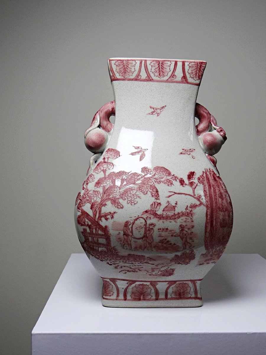 Pink Chinoiserie Baluster Vase, Peach Handles, Staffordshire Style England XIX-xxth Century-photo-2