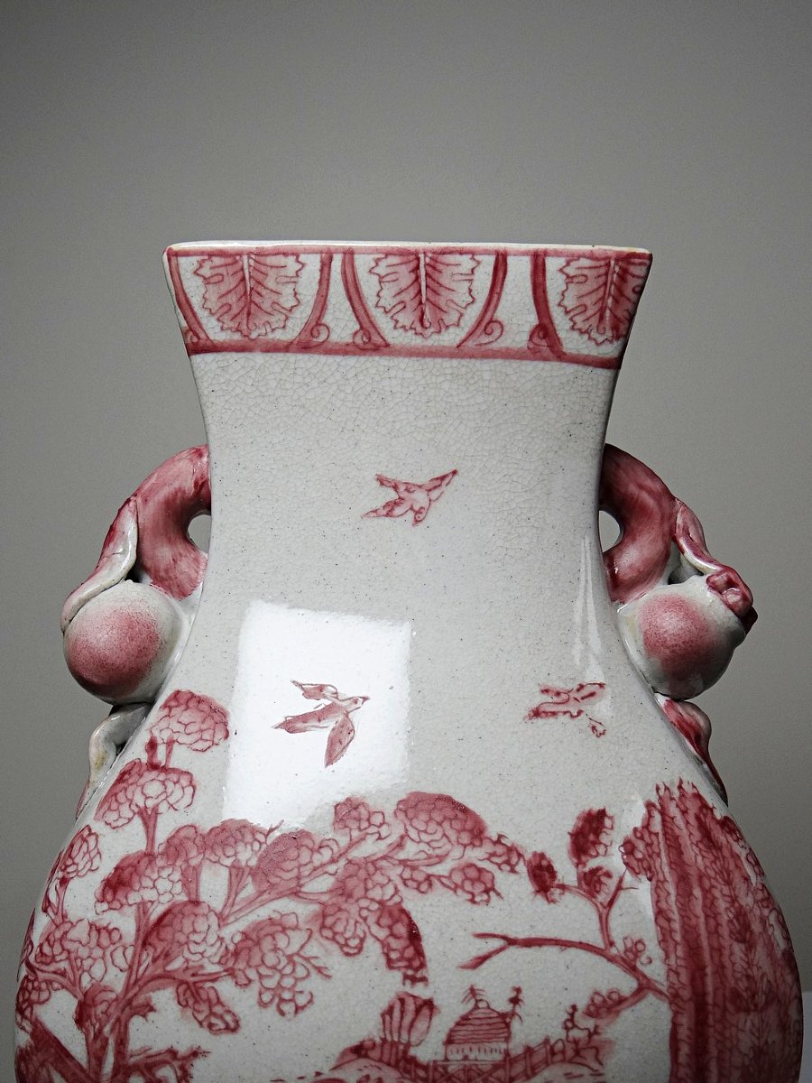 Pink Chinoiserie Baluster Vase, Peach Handles, Staffordshire Style England XIX-xxth Century-photo-3