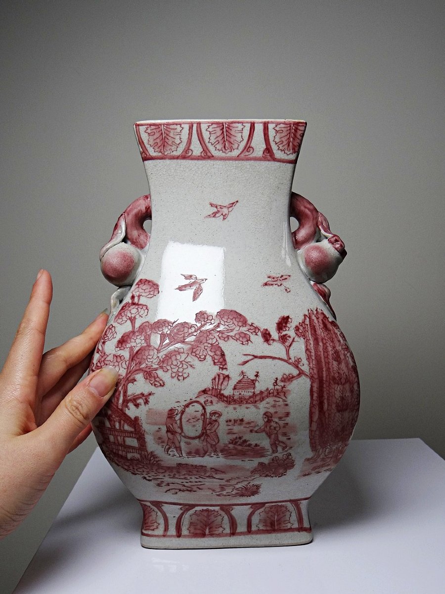 Pink Chinoiserie Baluster Vase, Peach Handles, Staffordshire Style England XIX-xxth Century-photo-4