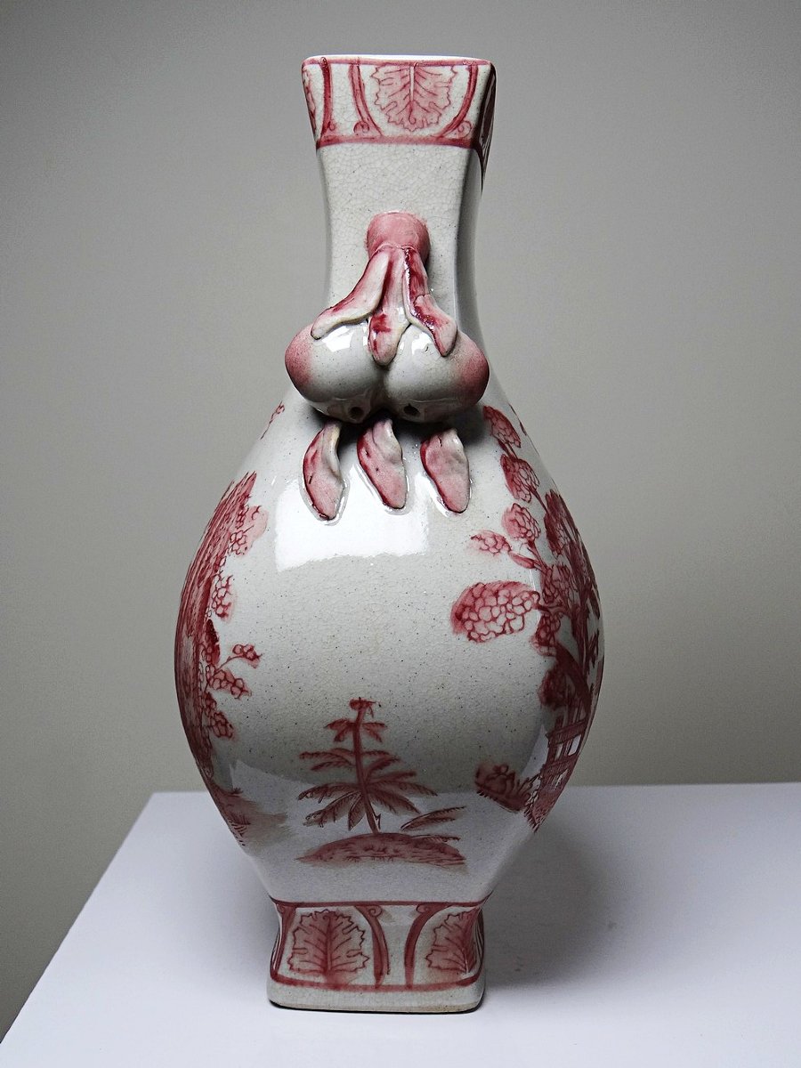Pink Chinoiserie Baluster Vase, Peach Handles, Staffordshire Style England XIX-xxth Century-photo-2