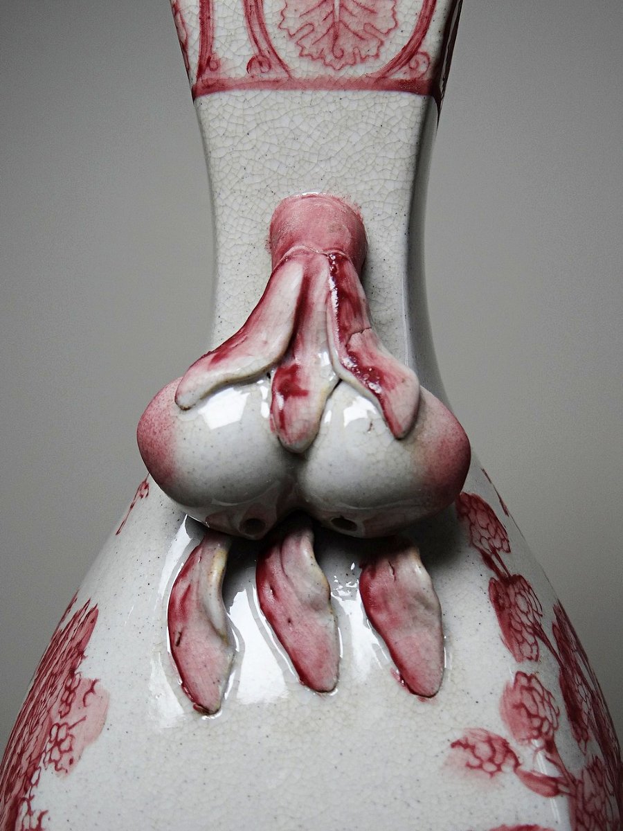 Pink Chinoiserie Baluster Vase, Peach Handles, Staffordshire Style England XIX-xxth Century-photo-3
