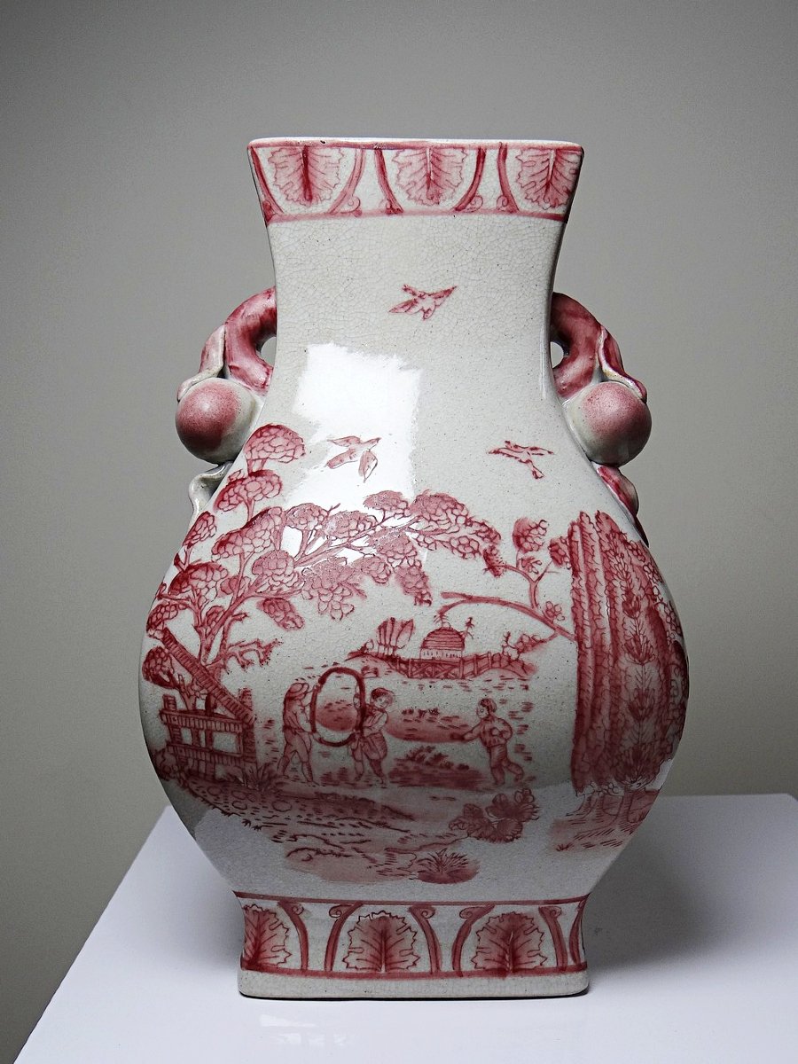 Pink Chinoiserie Baluster Vase, Peach Handles, Staffordshire Style England XIX-xxth Century-photo-4