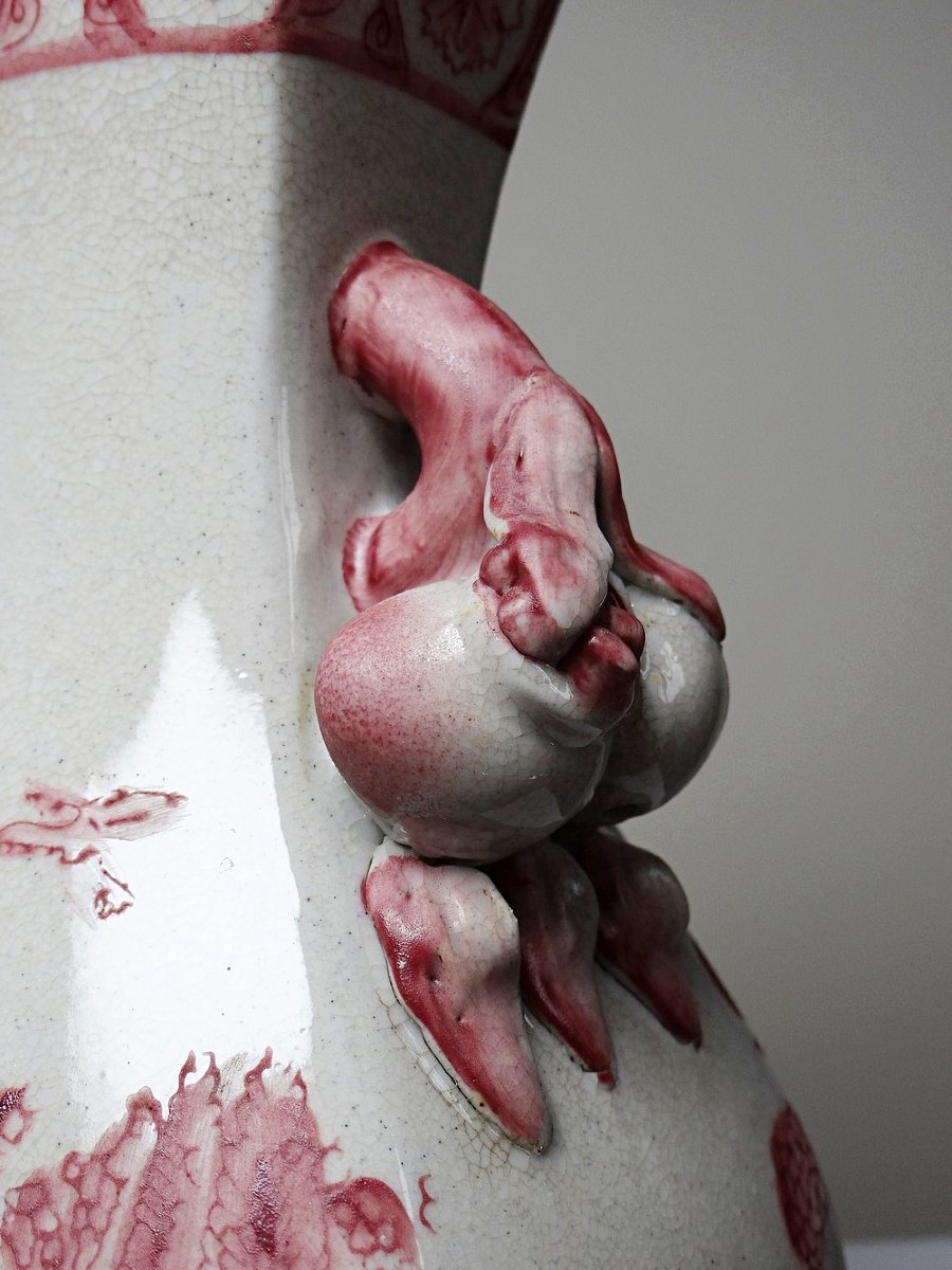 Pink Chinoiserie Baluster Vase, Peach Handles, Staffordshire Style England XIX-xxth Century-photo-5