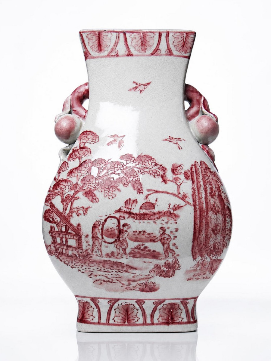 Pink Chinoiserie Baluster Vase, Peach Handles, Staffordshire Style England XIX-xxth Century