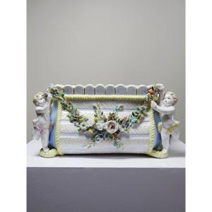 Petite jardinière en porcelaine Allemande ancienne Putti XIXe style Meissen