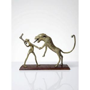 Bronze From Dahomey, Benin, Africa, Vintage/old 20th Century "the Hunter And The Beast"