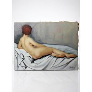 Large Nude, Oil On Canvas, Fortuné Pirazzini - Woman Resting - 20th Century